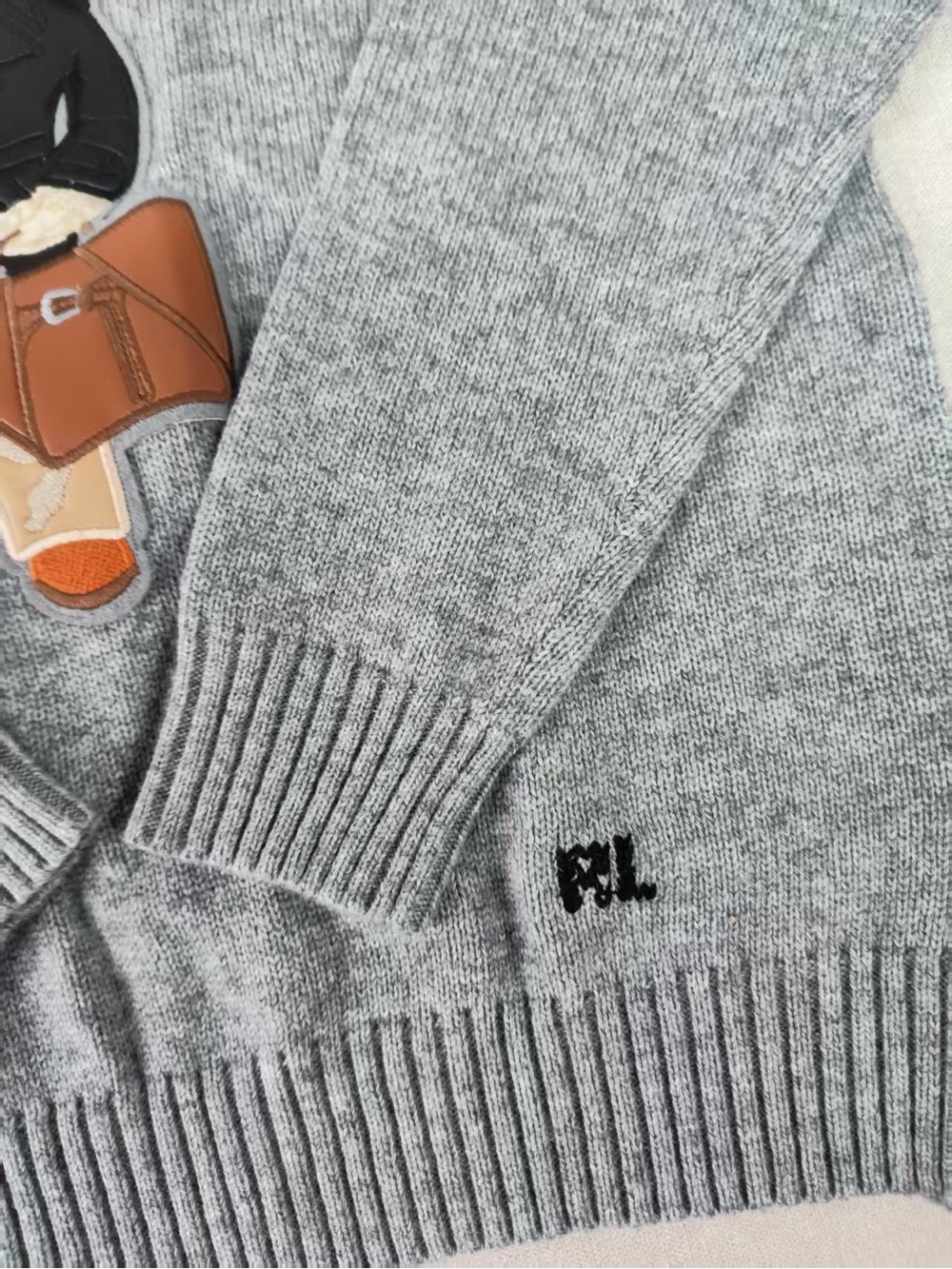 Polo by Ralph Lauren Gray Crewneck Sweater with Bear Appliqué and Brown Accents - Picture 4 of 5